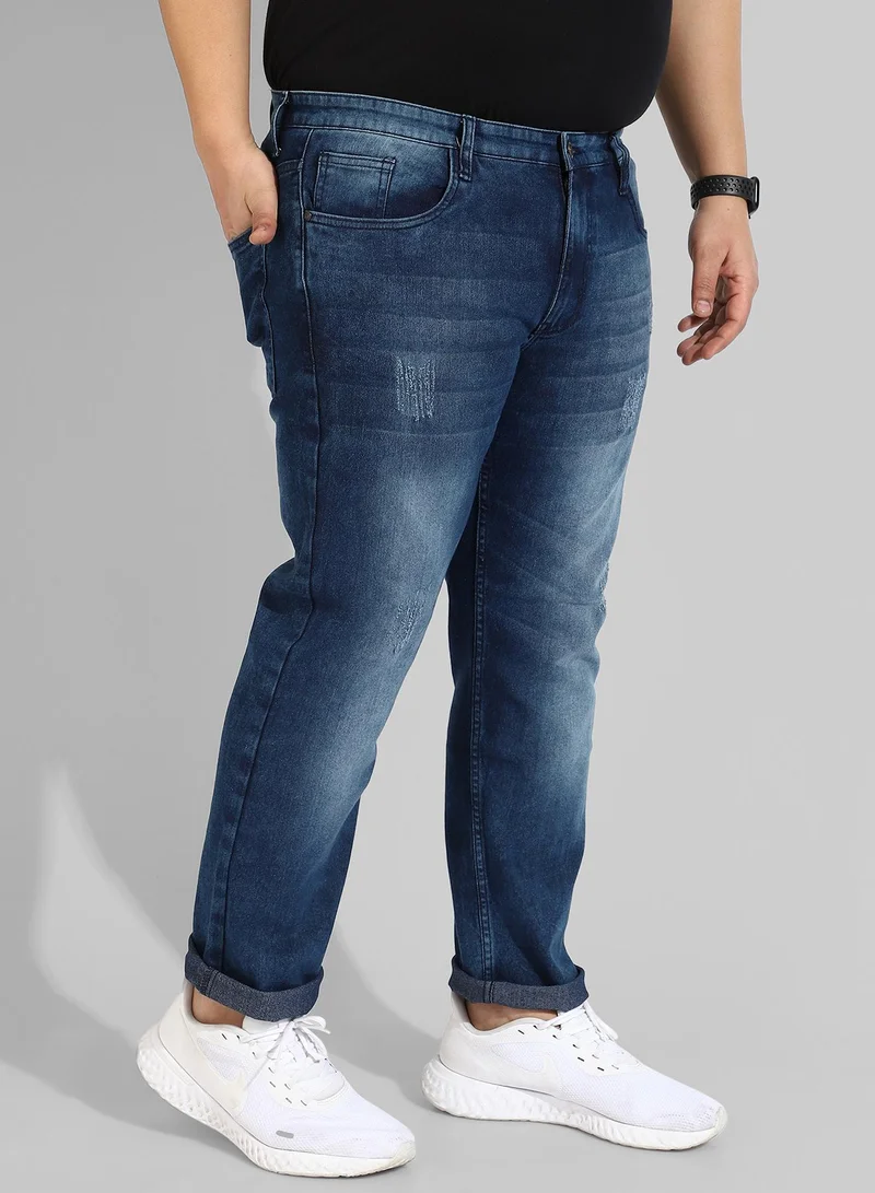 Instafab Plus  Men’s Classic Blue Medium-Washed Distressed Patterned Regular Fit Denim Jeans | Premium Stretchable Cotton Mid-Rise Crafted With Comfort Fit and High Performance For Everyday Wear for Men | Best Price UAE